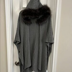 Gray and Brown Poncho with Luxurious Fur Collar